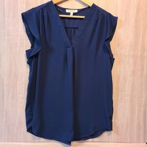 Chaus New York Navy Blue V-Neck Blouse M NWT Womens Polyester Pleated Top Shirt